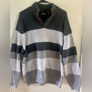 Chaps Gray V-Neck Sweater with Classic Stripes